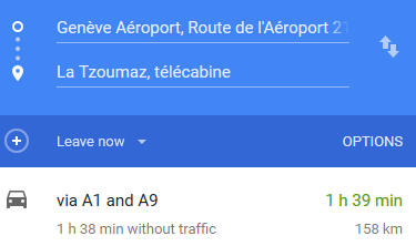 Screenshot of navigation directions from Geneva Airport to La Tzoumaz, indicating travel time and route options.