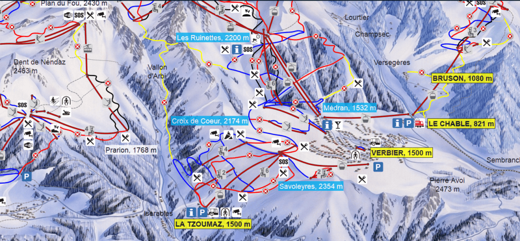 A detailed ski map showcasing the trails, elevations, and ski lift locations in the Verbier region, featuring notable peaks and surrounding areas.